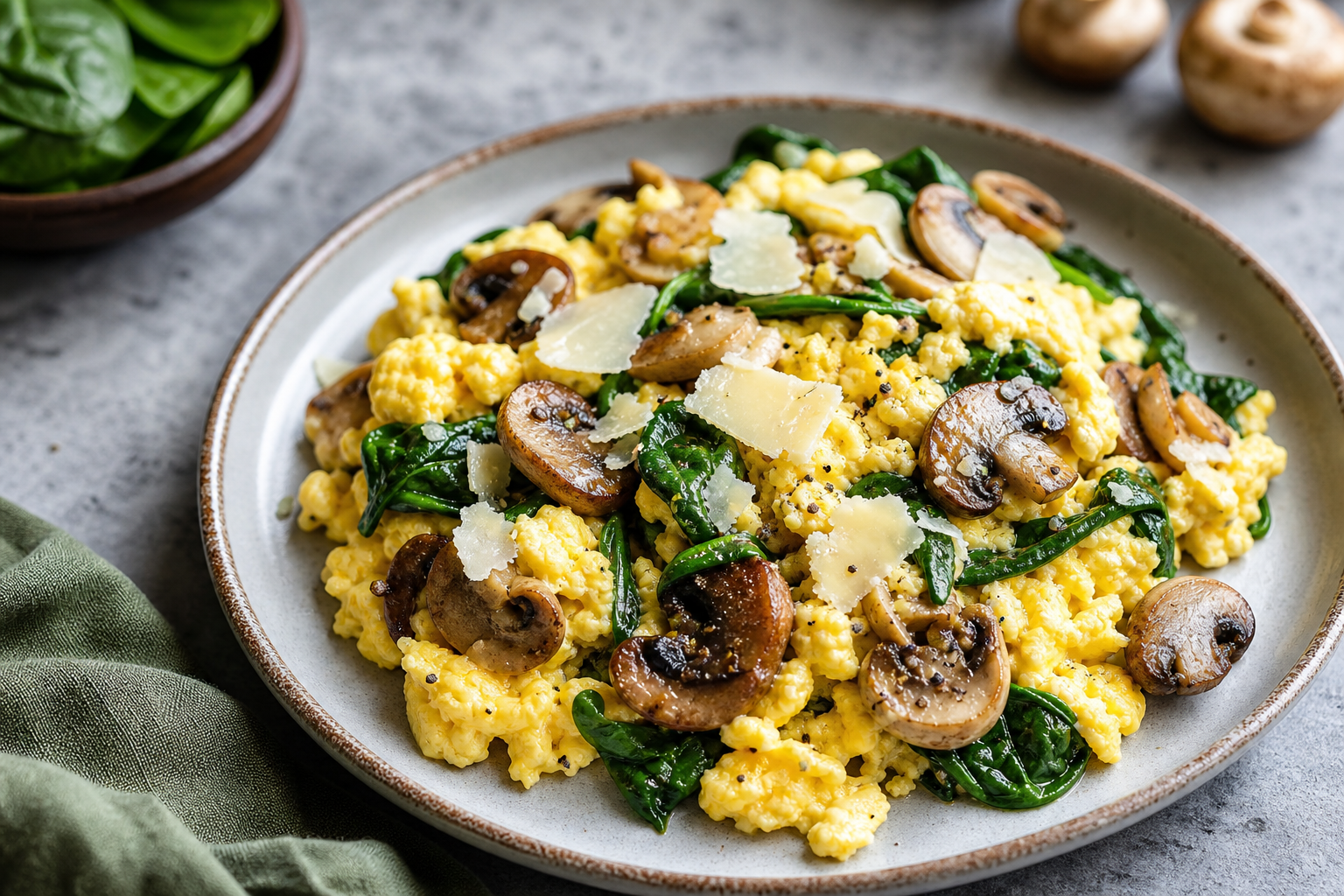 Keto-Pilz-Rührei mit gebratenen Champignons, Blattspinat und geriebenem Parmesan auf einem Teller