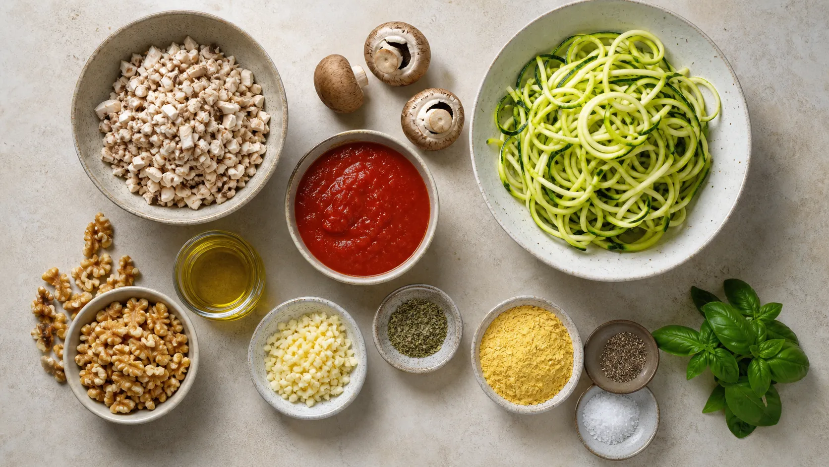 Zutaten für die Keto Pilz-Walnuss-Bolognese: Champignons, Walnüsse, passierte Tomaten, Olivenöl, Knoblauch, Zwiebel, Oregano und Zucchini
