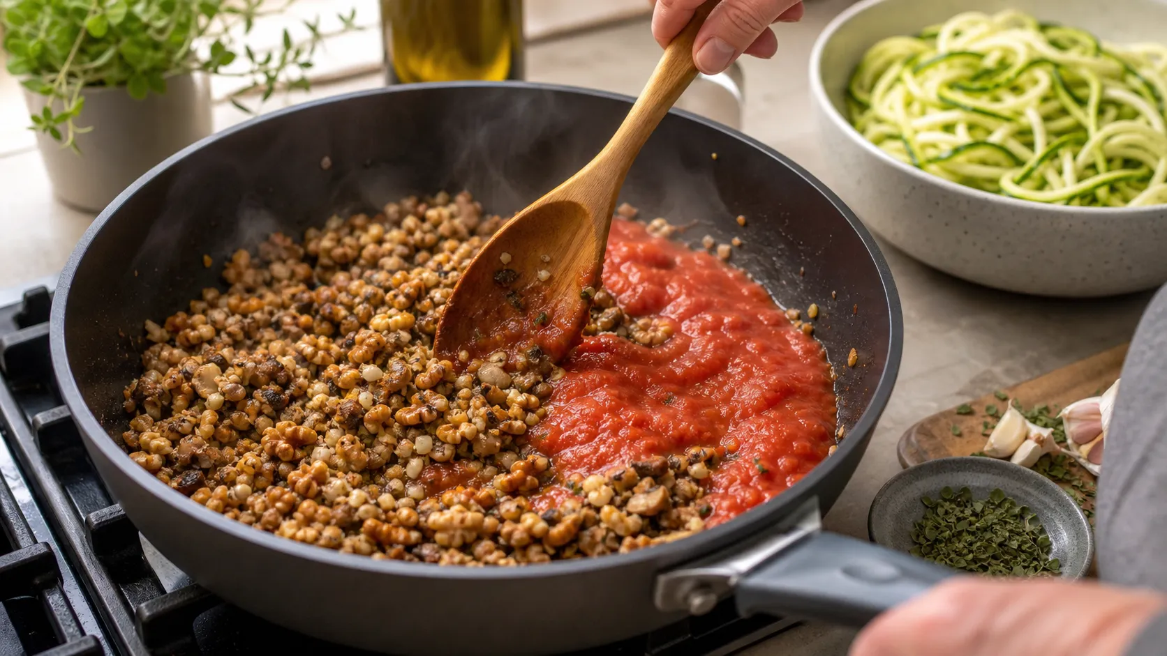 Gehackte Champignons und Walnüsse werden in einer Pfanne mit Tomatensauce zu einer Bolognese gekocht