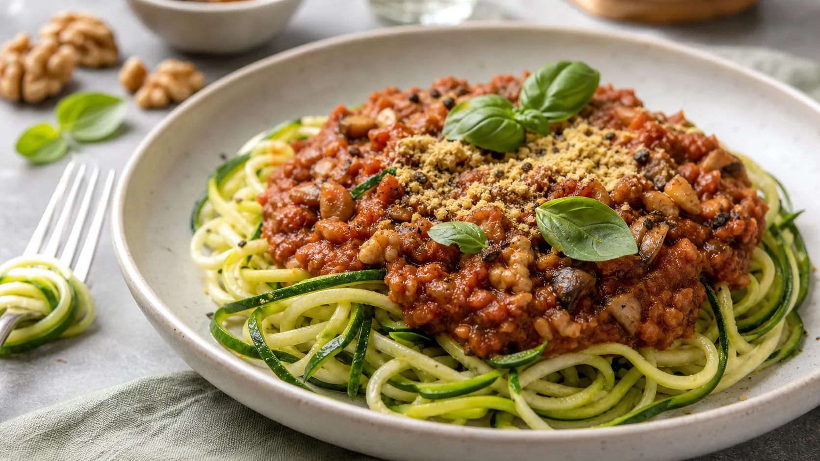 Keto Pilz-Walnuss-Bolognese auf spiralisierten Zucchini-Nudeln, garniert mit frischem Basilikum und Hefeflocken