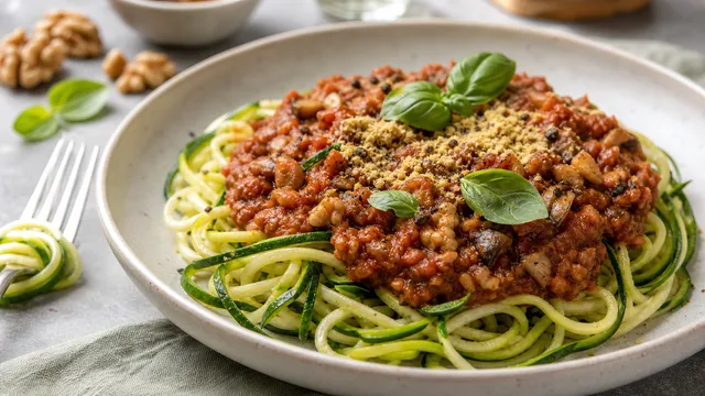 Keto Pilz-Walnuss-Bolognese auf spiralisierten Zucchini-Nudeln, garniert mit frischem Basilikum und Hefeflocken