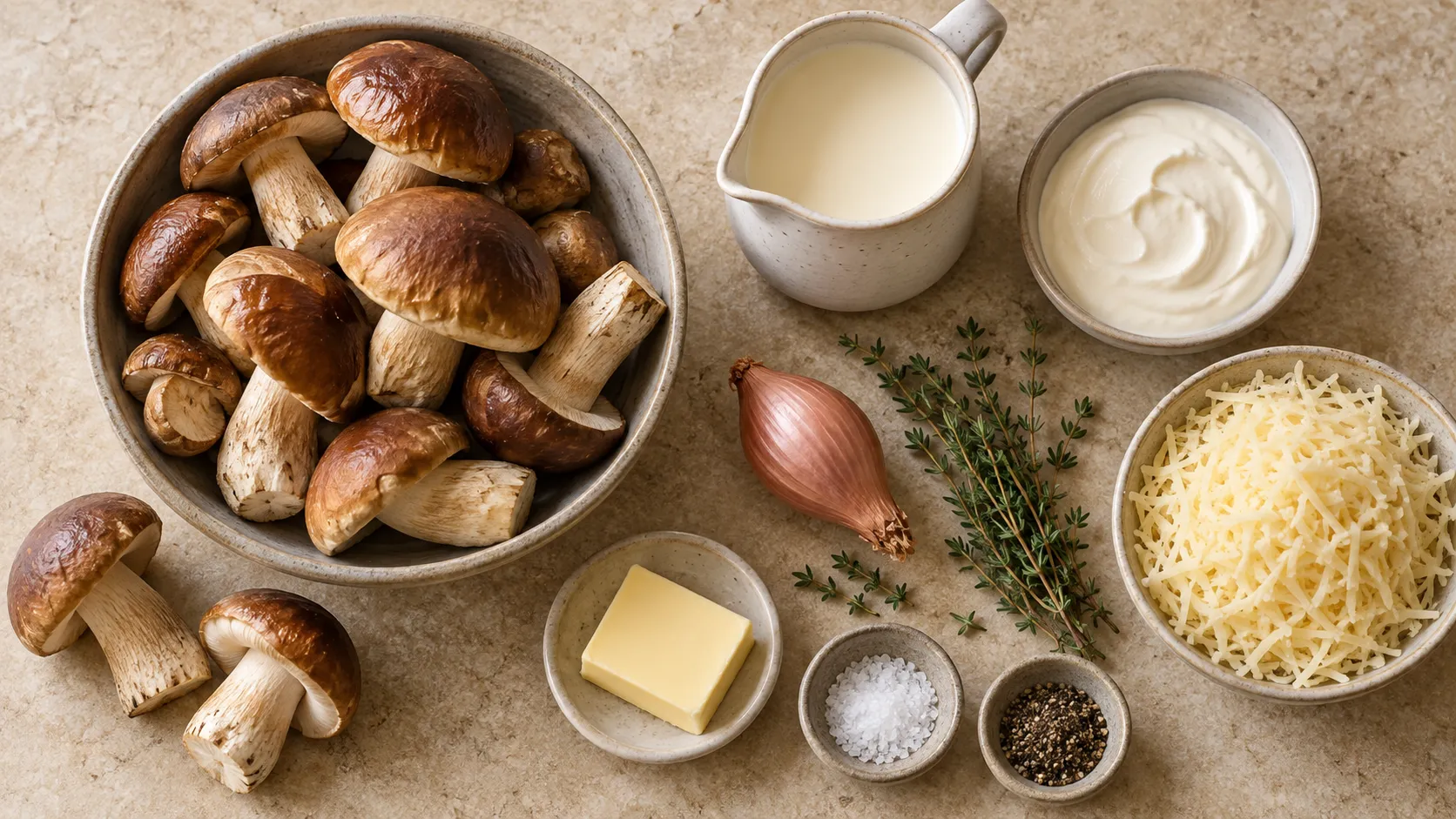 Zutaten für das Pilzgratin: geputzte Maronenröhrlinge mit braunen Kappen, Sahne, Crème fraîche, geriebener Bergkäse, Schalotten, Thymian und Butter