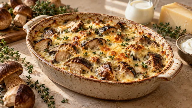 Goldbraun überbackenes Pilzgratin in einer ovalen Auflaufform, unter der Käsekruste sind dunkle Pilzkappen und blubbernde Sahnesauce zu sehen
