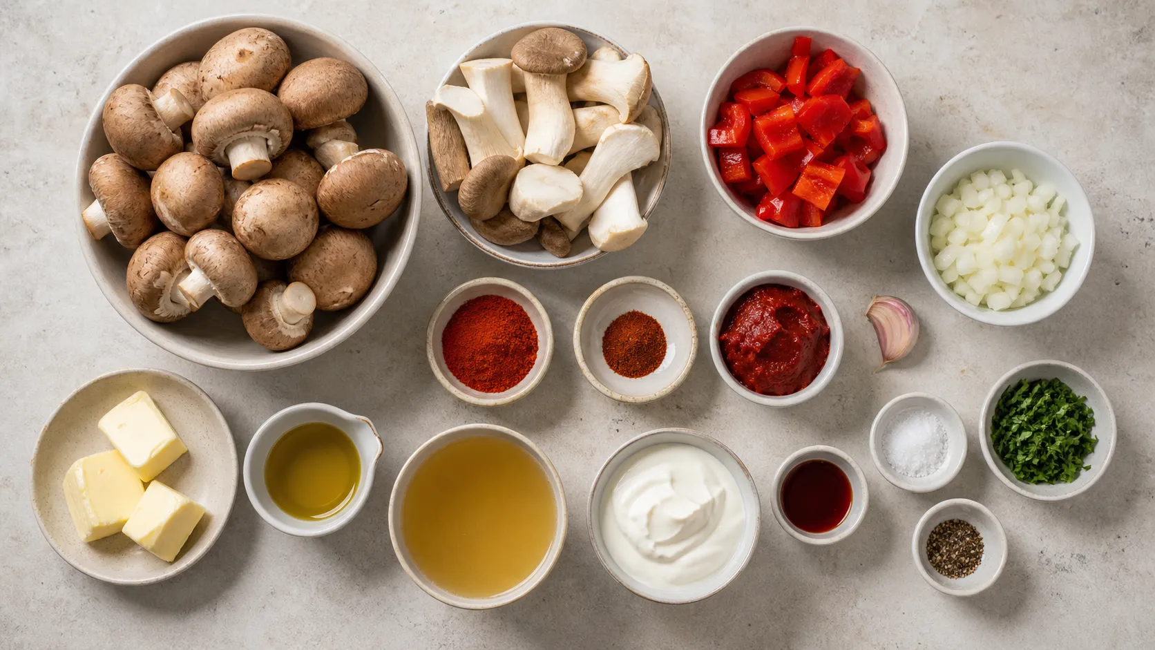 Zutaten für Keto-Pilzgulasch: Champignons, Kräuterseitlinge, rote Paprika, Zwiebel, Knoblauch, Paprikapulver, Tomatenmark und Schmand