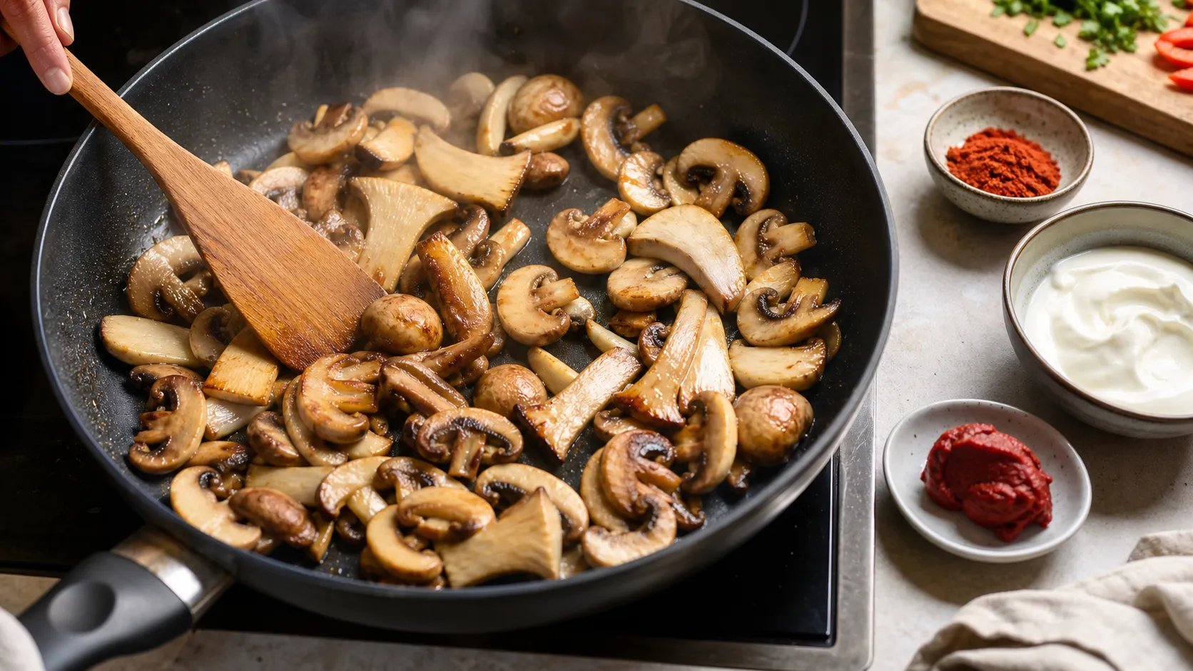 Pilze braten kräftig in der Pfanne an, daneben stehen Paprikapulver, Tomatenmark und Schmand bereit