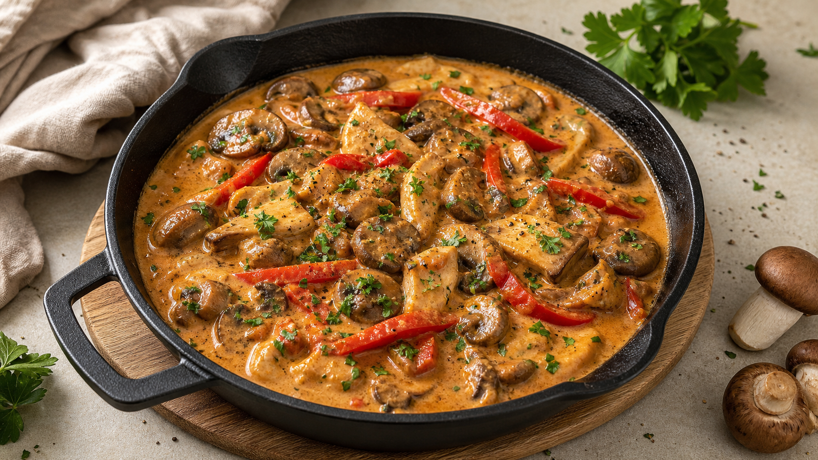 Keto-Pilzgulasch aus Champignons und Kräuterseitlingen mit Paprikastreifen, Schmand und Petersilie in einer gusseisernen Pfanne