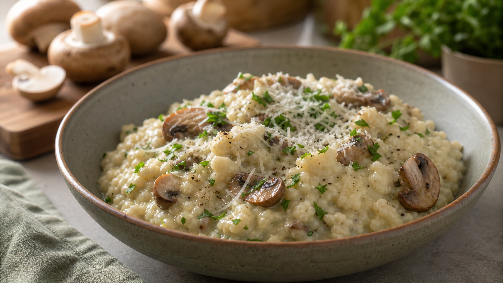 Cremiges Keto-Pilzragout mit zwei pochierten Eiern, Parmesanhobeln und Petersilie in einer flachen Schale