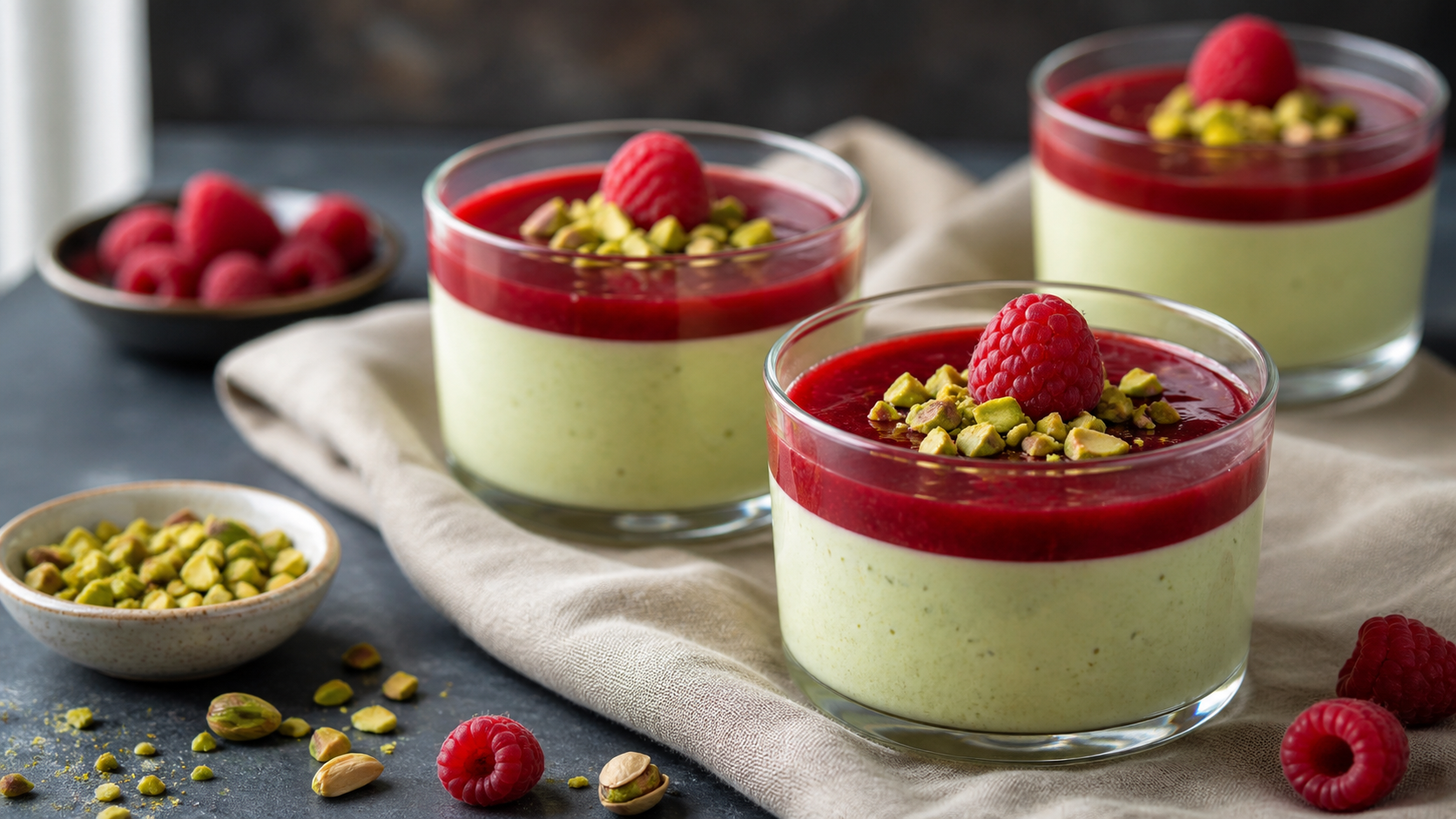 Cremige Keto-Pistazien-Panna-Cotta mit rotem Himbeerspiegel und gehackten Pistazien im Glas