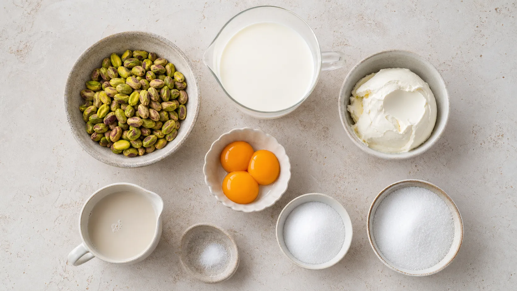 Zutaten für Keto Pistazieneis: Pistazien, Sahne, Mascarpone, Eigelb, Erythrit und Allulose