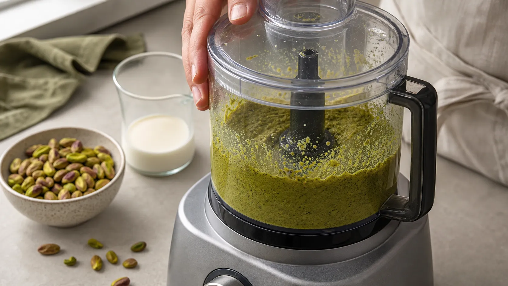 Pistazien werden im Mixer zu feinem Mus verarbeitet