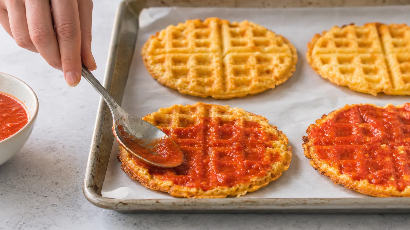 Fertig gebackene Chaffle-Böden werden mit Tomatensauce bestrichen