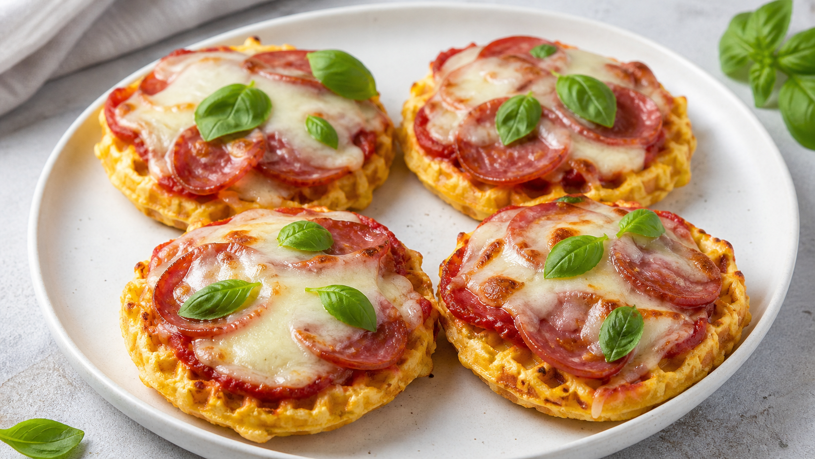 Vier belegte Pizza-Chaffles mit Salami, geschmolzenem Käse und Basilikum