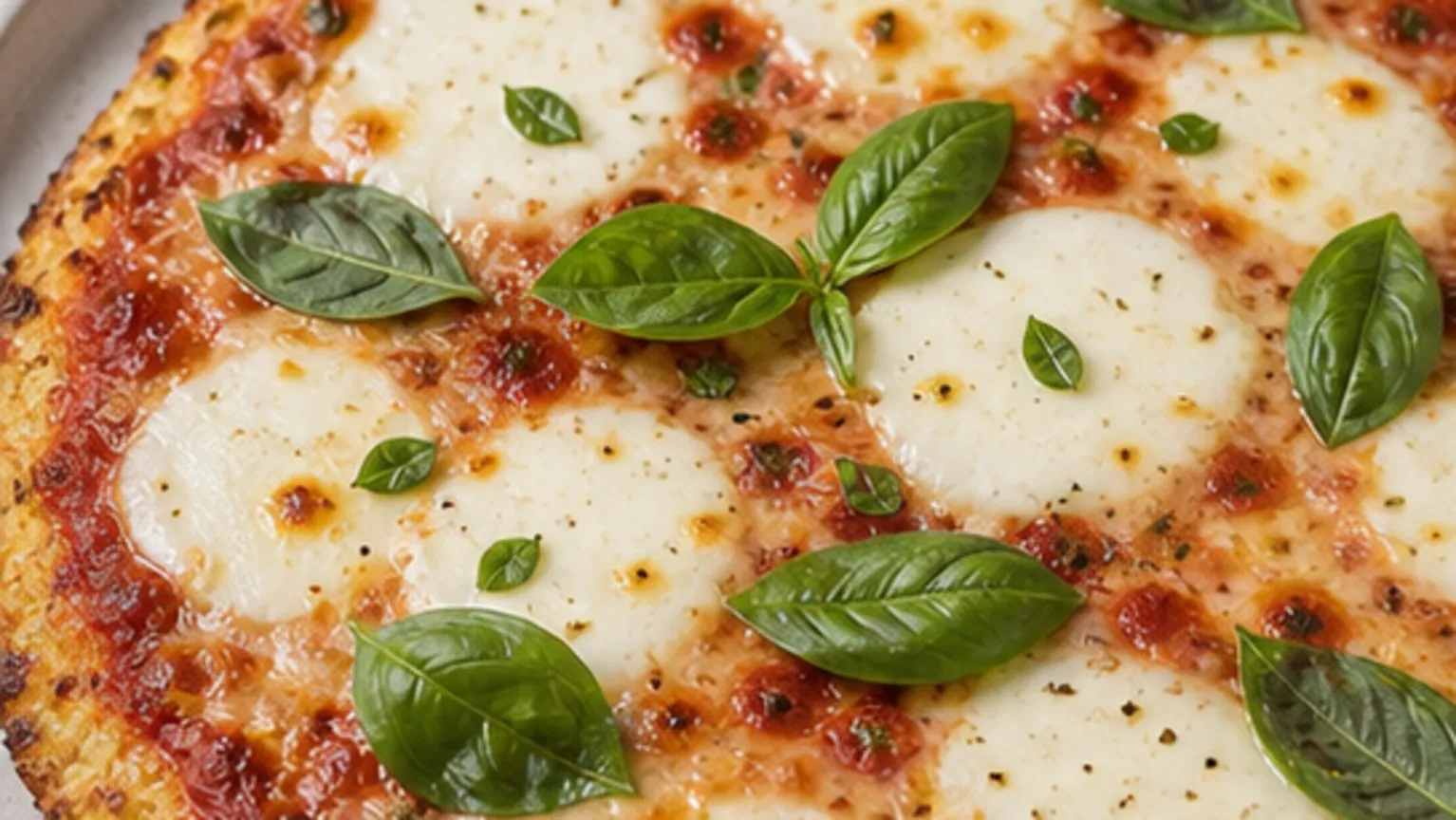 Keto-Pizza Margherita mit Blumenkohl-Boden – ohne Mehl, ohne Hefe fertig angerichtet als ketogenes Rezept