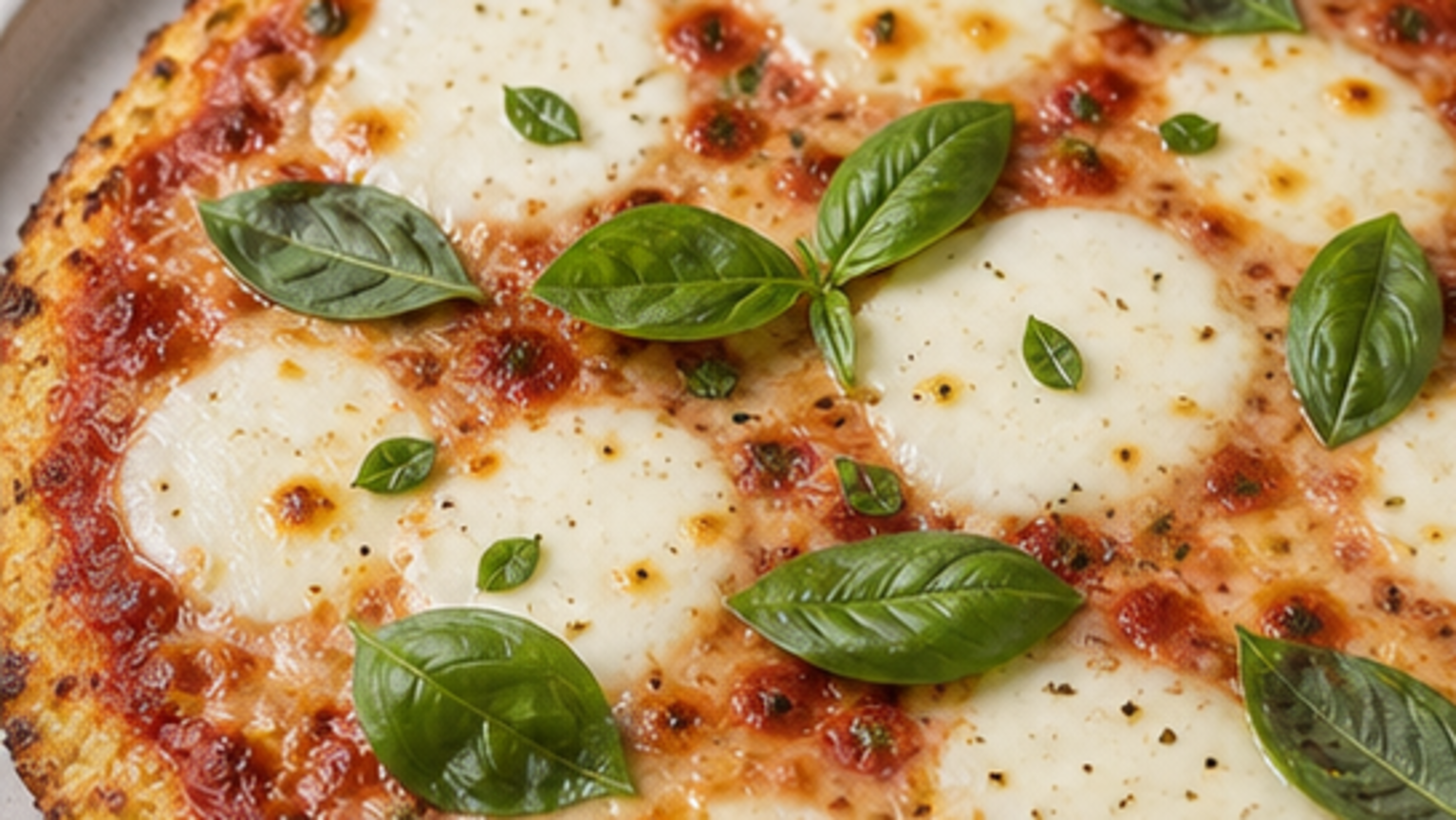 Keto-Pizza Margherita mit Blumenkohl-Boden – ohne Mehl, ohne Hefe fertig angerichtet als ketogenes Rezept