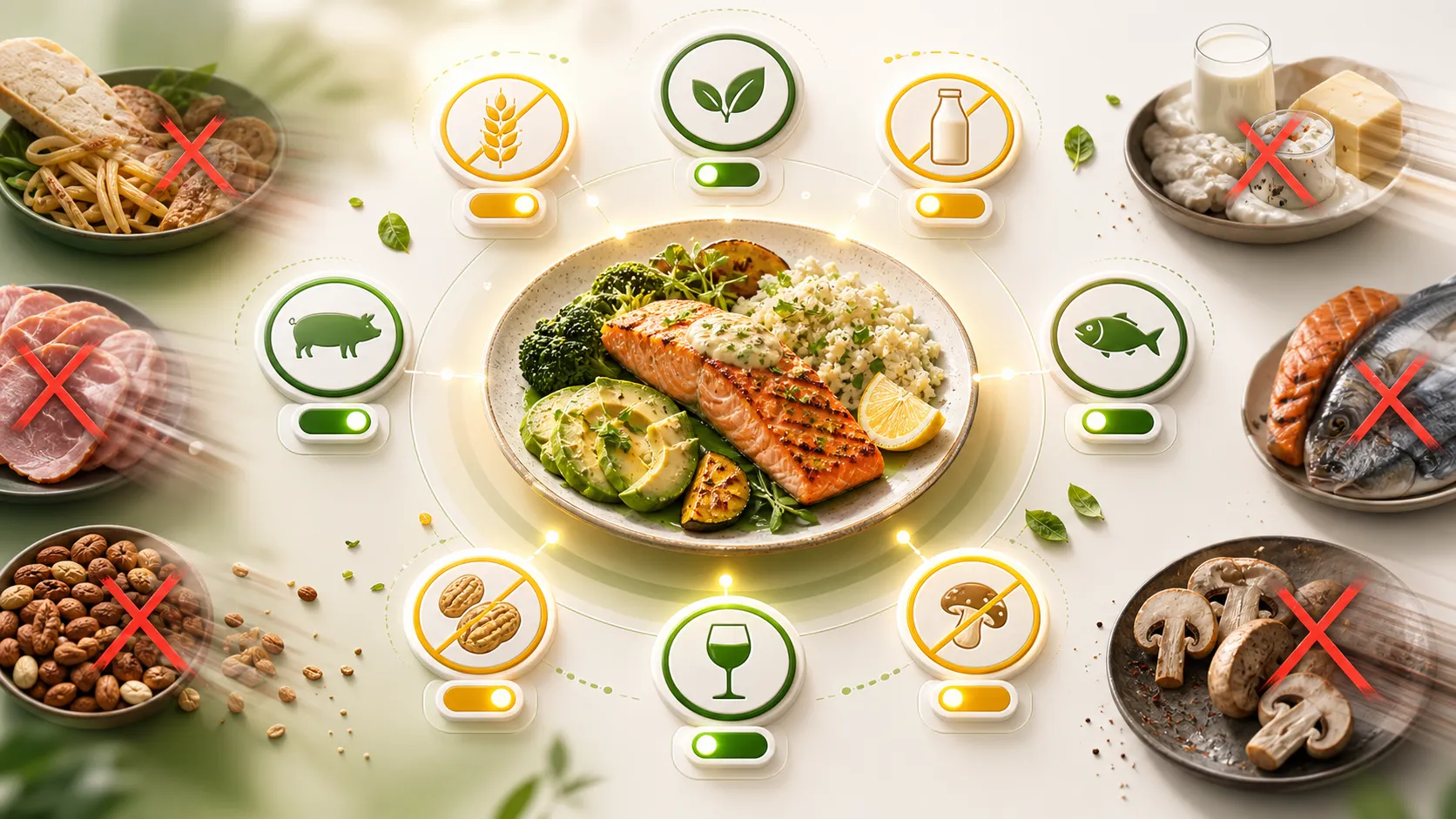 Filter-Schalter für vegetarisch, glutenfrei, laktosefrei und weitere Ausschlüsse formen einen passenden Keto-Teller