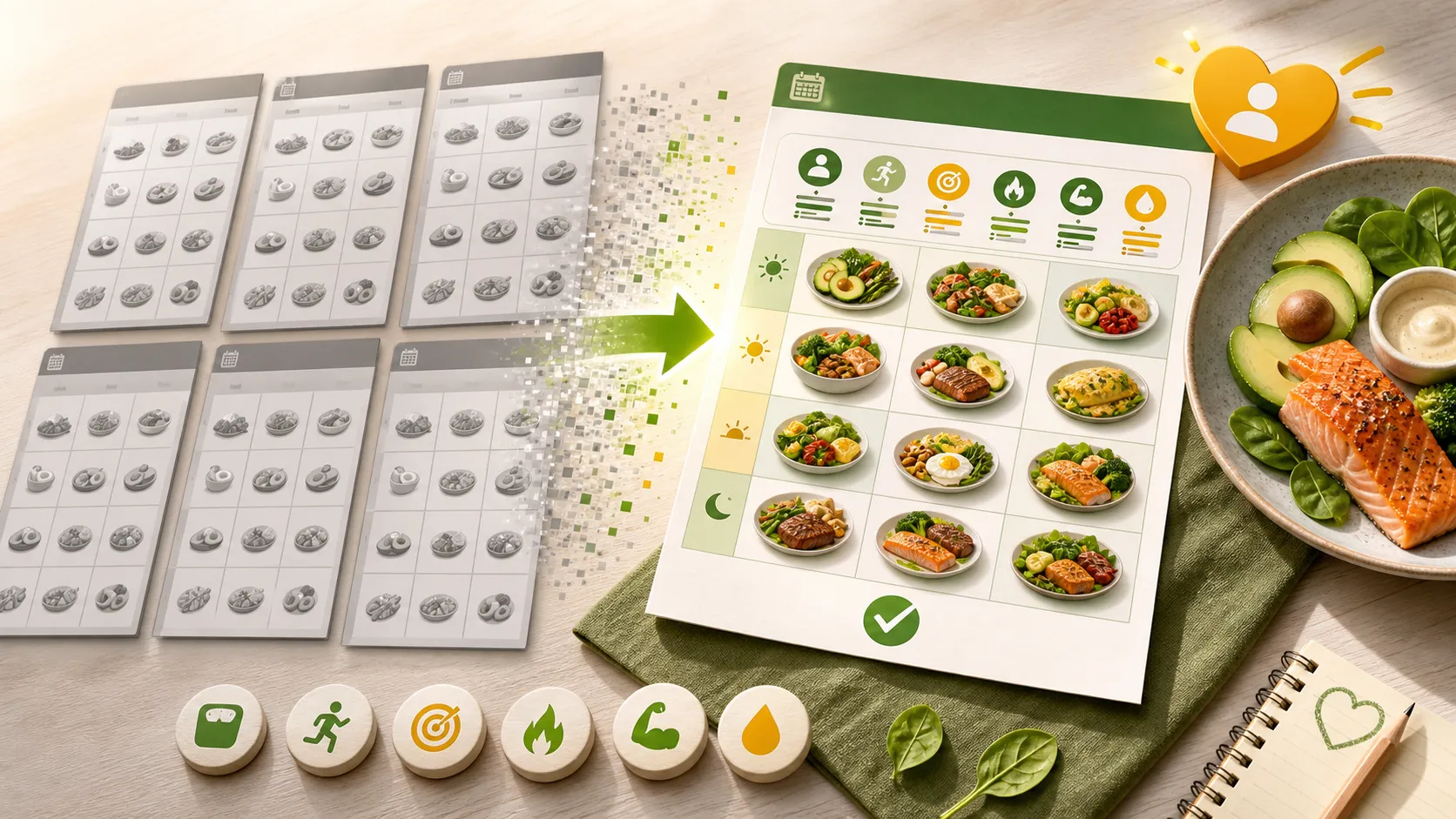 Ein generischer Keto-Plan verwandelt sich in einen persönlichen Wochenplan mit Ziel-, Aktivitäts- und Makro-Symbolen