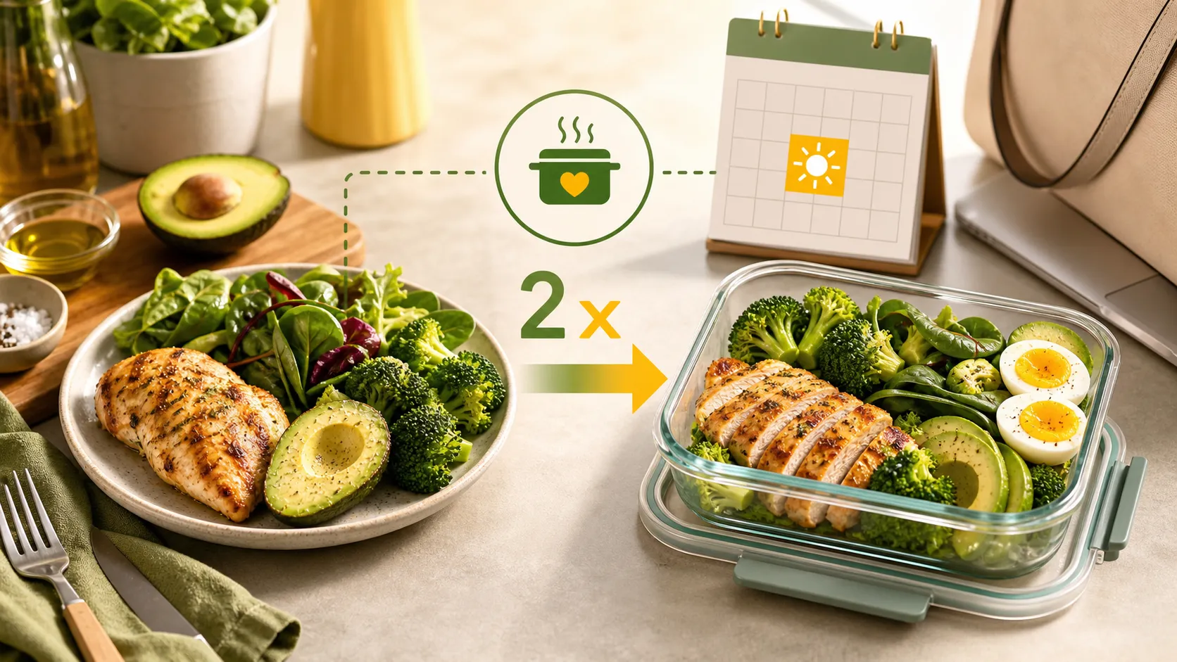 Eine gekochte Keto-Mahlzeit wird in eine frische Portion und eine Lunchbox für den nächsten Arbeitstag aufgeteilt