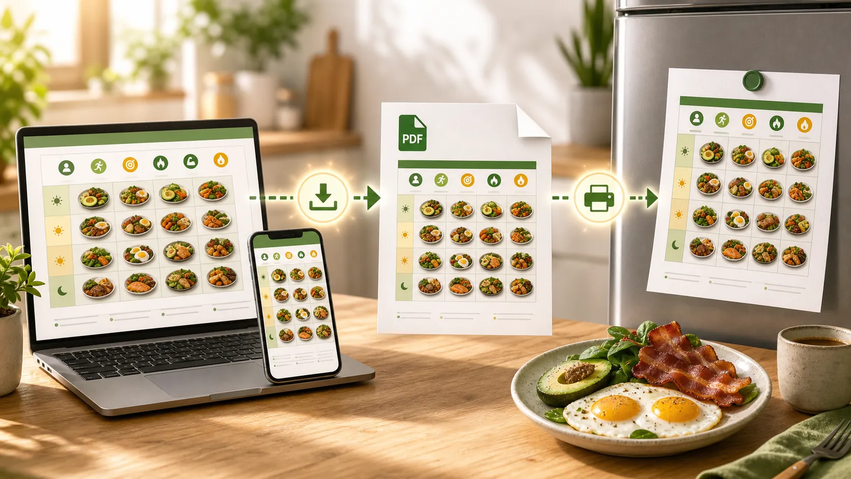 Ein fertiger Keto-Wochenplan wandert vom Bildschirm als PDF auf Papier und aufs Smartphone
