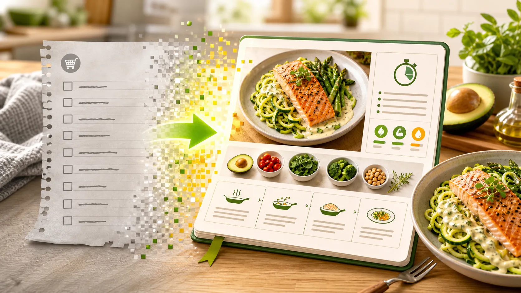 Eine fade Einkaufsliste wird zu einem lebendigen Keto-Rezept mit Zutaten, Zubereitung und Nährwert-Symbolen
