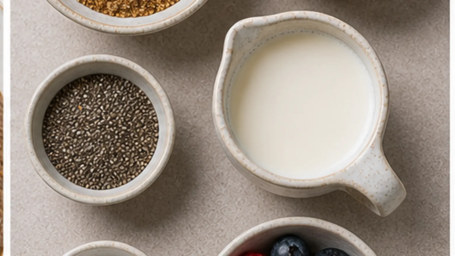 Zutaten für Warmes Keto-Porridge mit Leinsamen, Chia und Mandeln: gemahlene goldene Leinsamen, Chiasamen, gemahlene Mandeln, Kokosmilch, Wasser