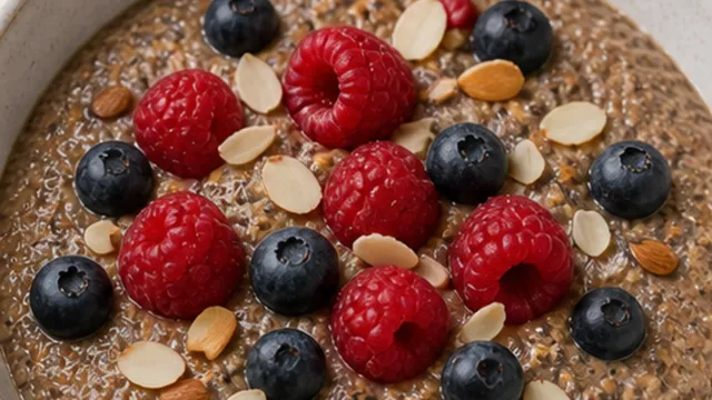 Warmes Keto-Porridge mit Leinsamen, Chia und Mandeln fertig angerichtet als ketogenes Rezept