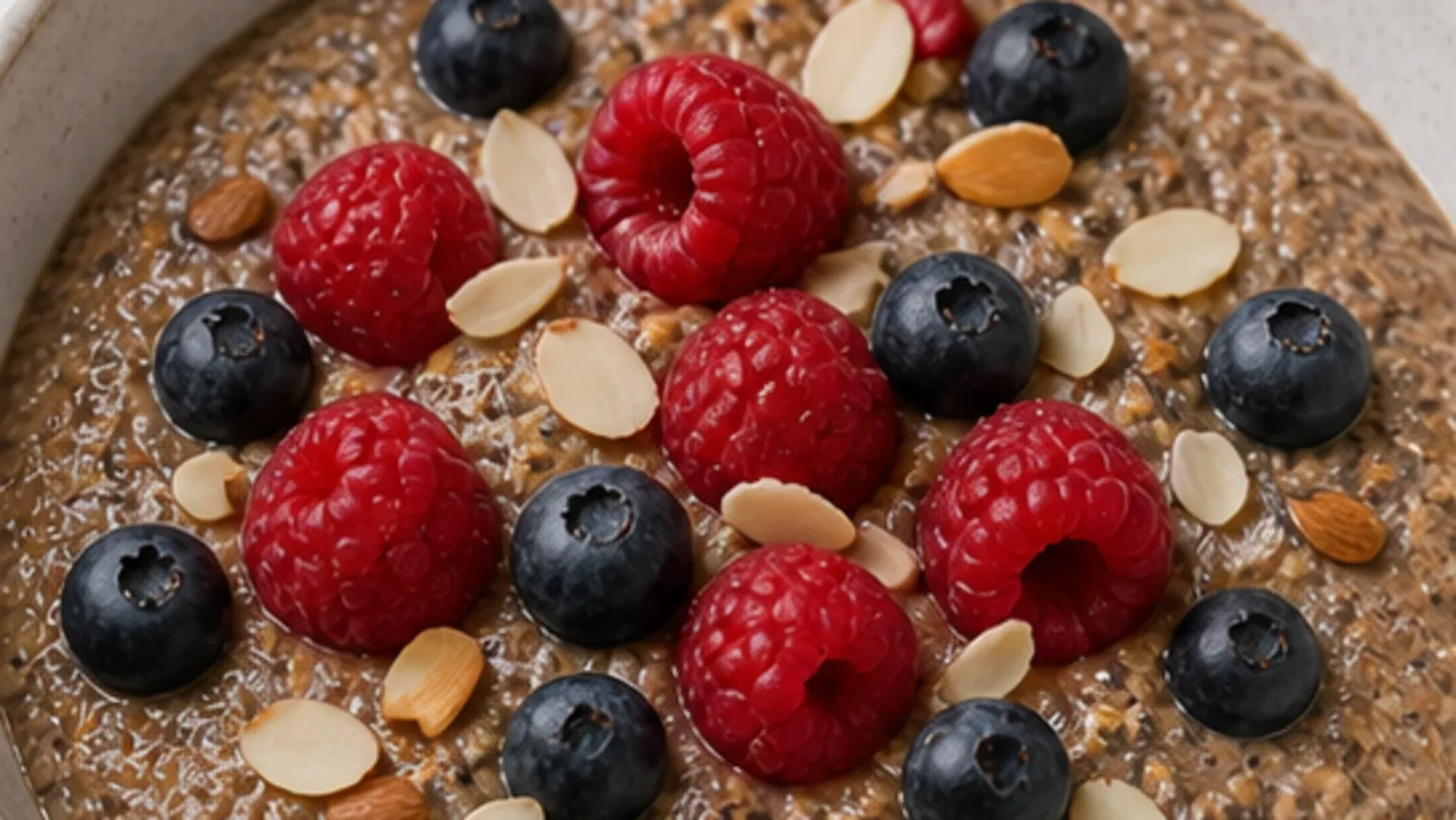 Warmes Keto-Porridge mit Leinsamen, Chia und Mandeln fertig angerichtet als ketogenes Rezept