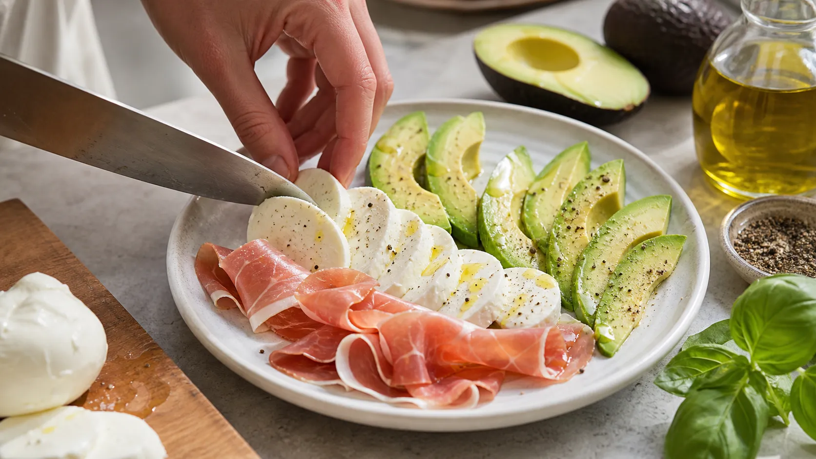 Angerichteter Keto-Frühstücksteller mit Basilikum und Olivenöl