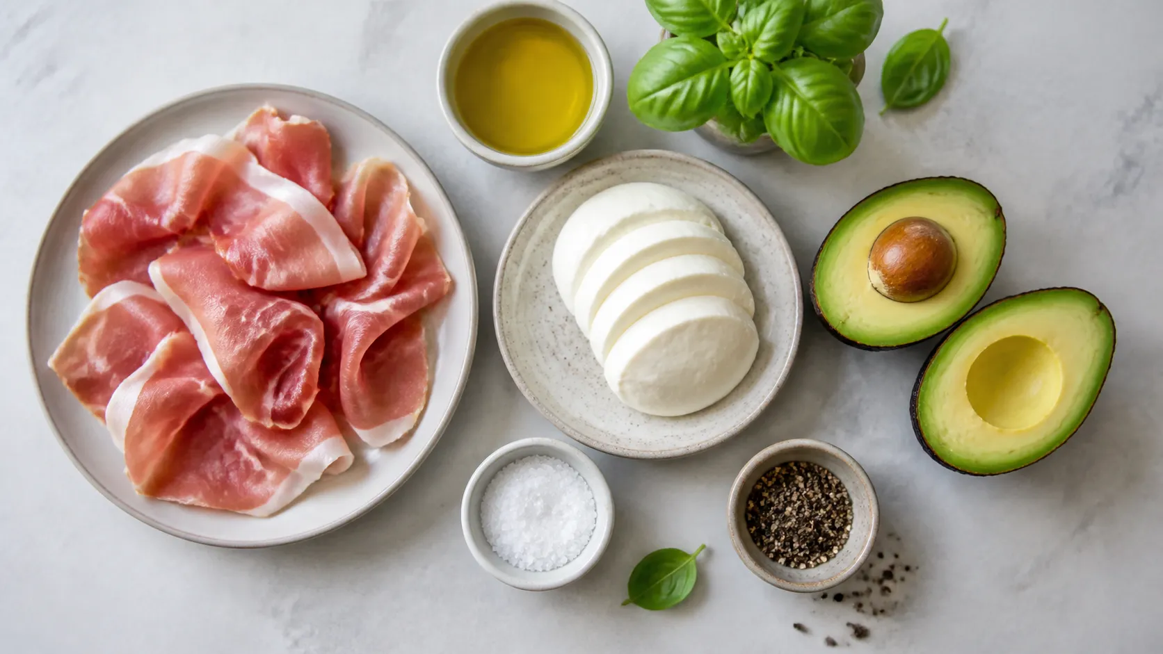 Zutaten für den Keto-Frühstücksteller: Prosciutto, Mozzarella, Avocado, Olivenöl