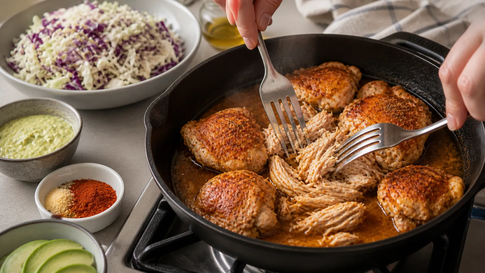 Hähnchen für Keto Pulled Chicken wird in der Pfanne mit zwei Gabeln gezupft