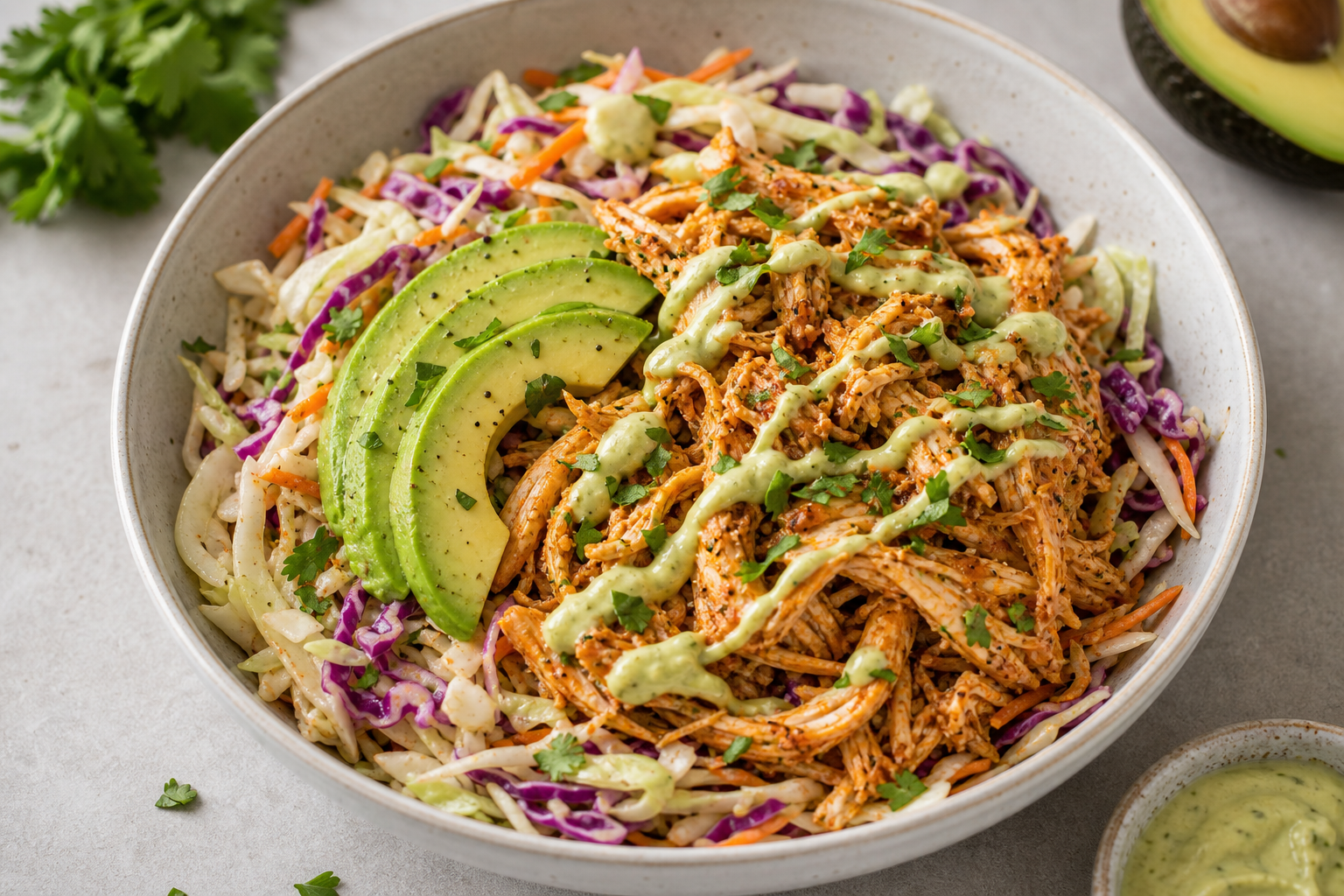 Keto Pulled Chicken Bowl mit buntem Krautsalat, Avocado und geräuchertem Paprika in einer Schüssel