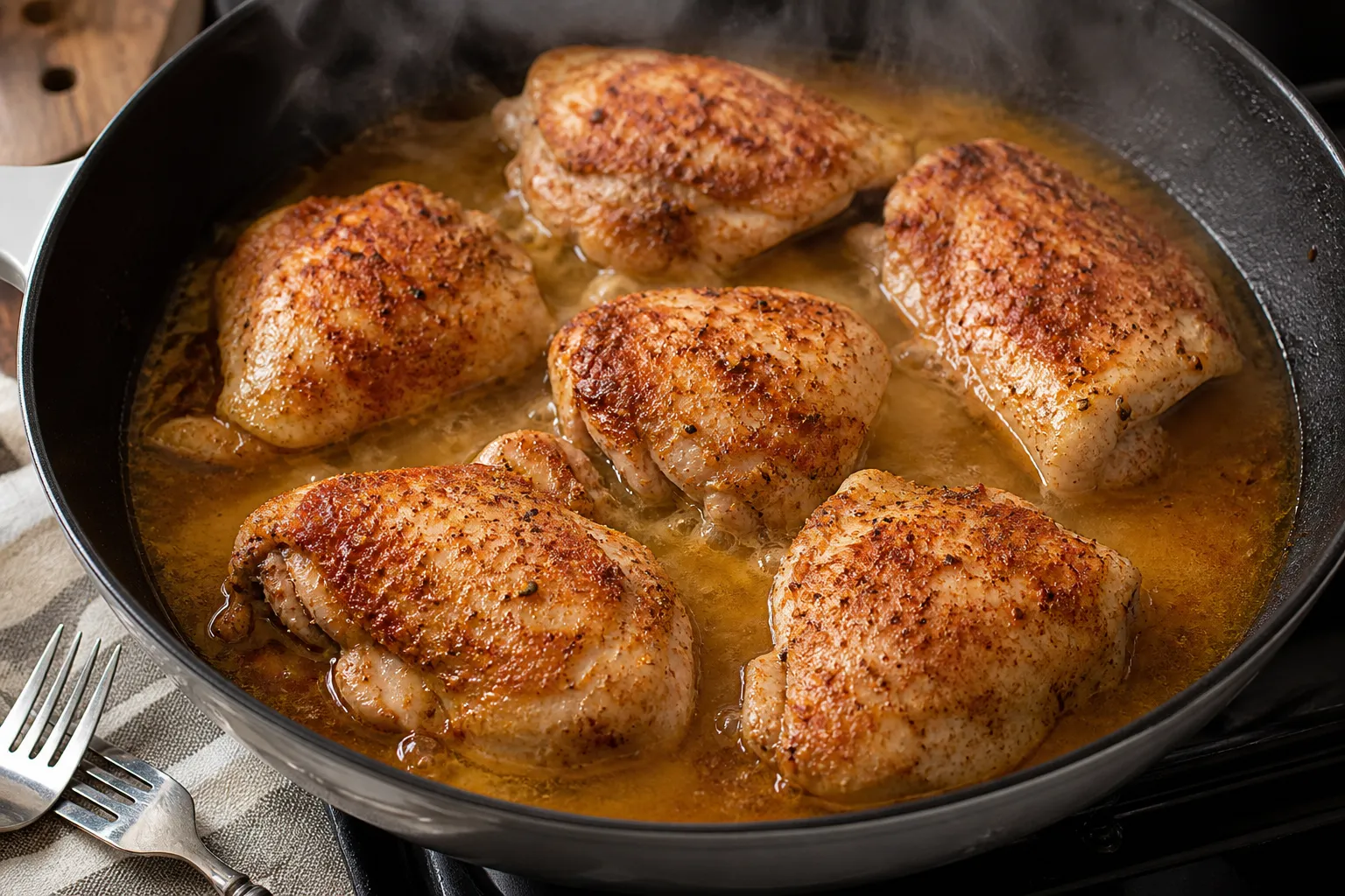 Hähnchenschenkel in der Pfanne mit Gewürzen garen für Keto Pulled Chicken