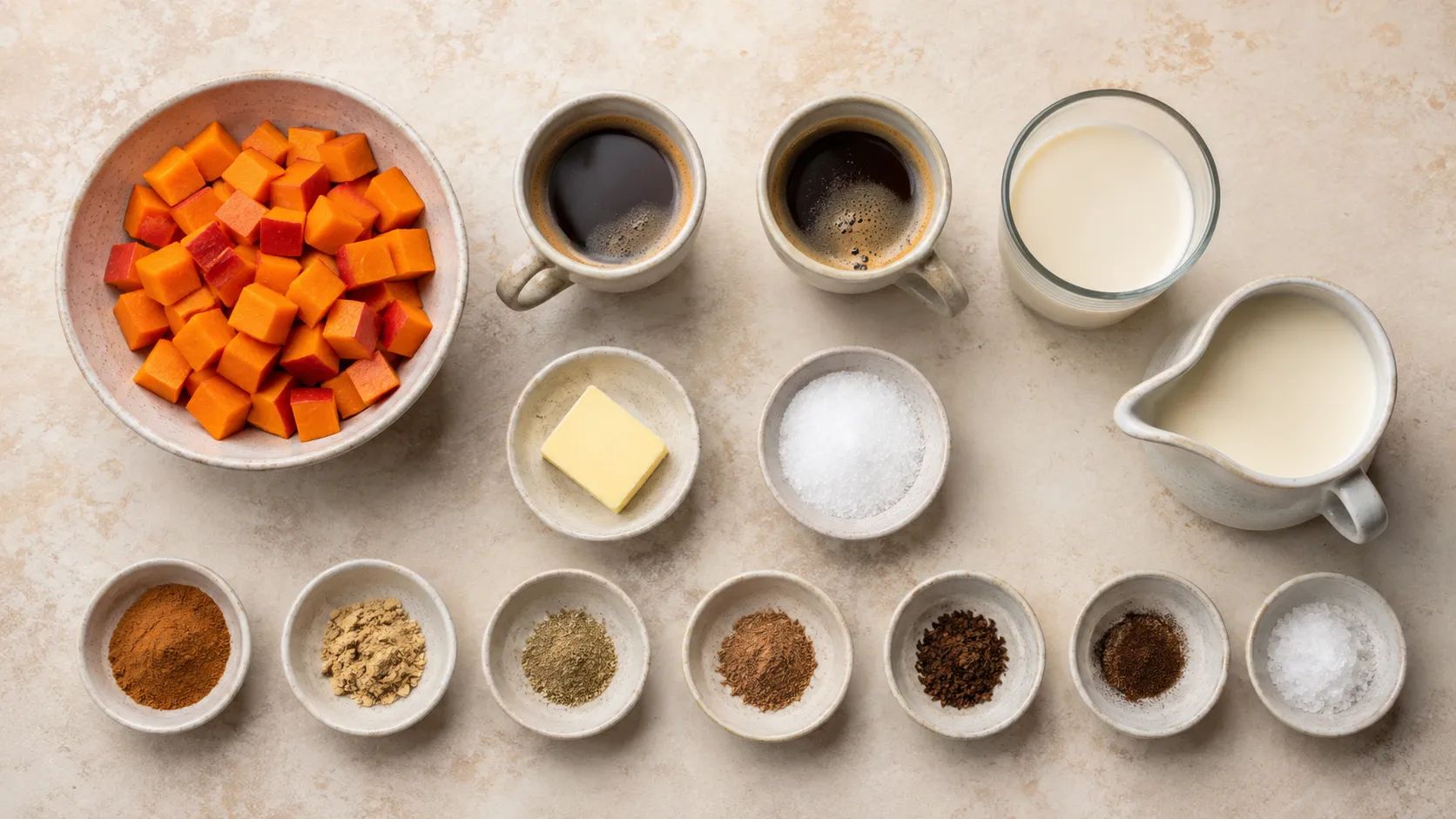 Zutaten für Keto-Pumpkin-Spice-Latte: gewürfelter Hokkaido-Kürbis, zwei Tassen Espresso, Mandeldrink, Sahne, Butter, Erythrit und Gewürzschälchen mit Zimt, Ingwer, Kardamom, Muskat und Nelken