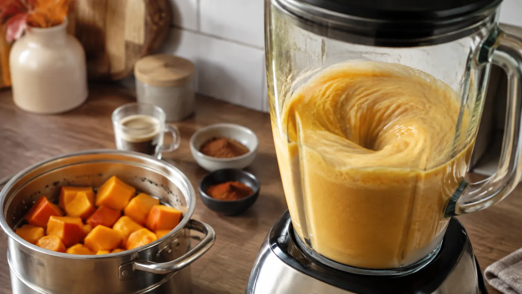 Standmixer mit orangefarbener, schaumiger Kürbis-Kaffee-Mischung, daneben ein kleiner Topf mit gedämpften Hokkaido-Würfeln