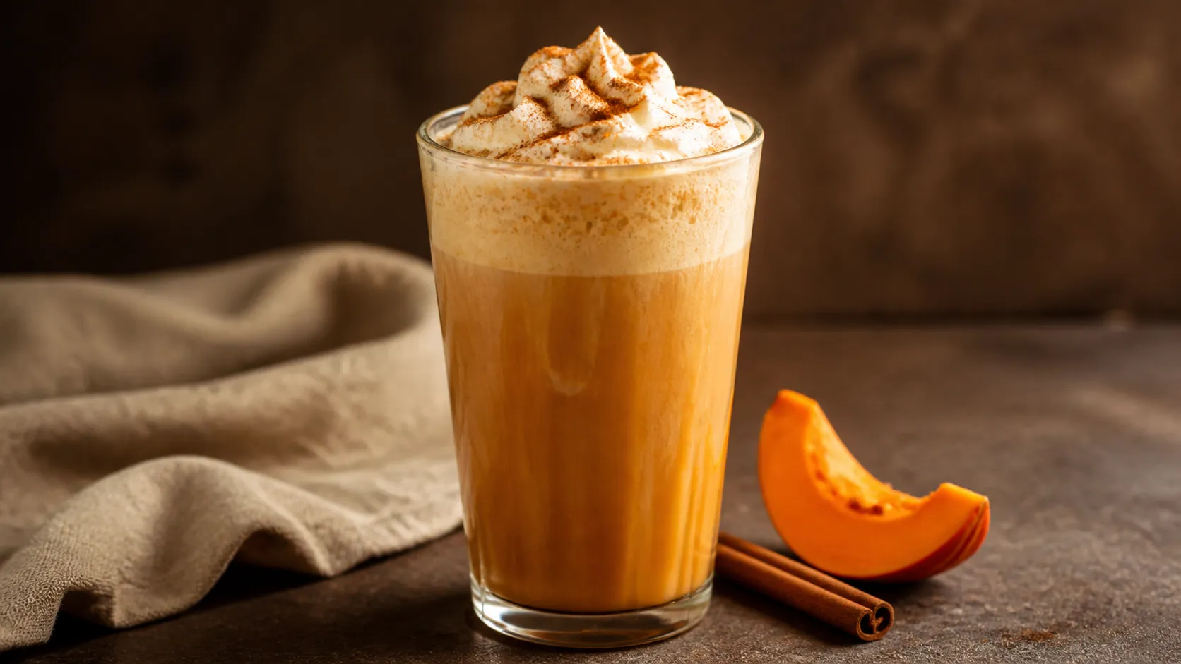 Hohes Glas mit orange-cremigem Pumpkin-Spice-Latte, obenauf eine Haube aus geschlagener Sahne mit Zimt bestäubt, daneben ein Stück Hokkaido-Kürbis und eine Zimtstange