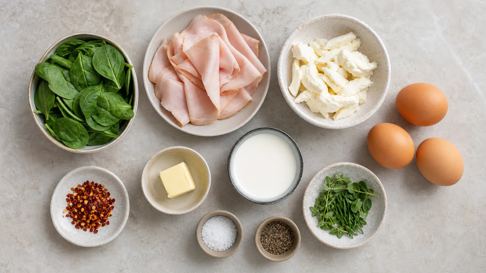 Zutaten für Keto Puten-Mozzarella-Omelett mit Eiern, Putenbrust, Mozzarella und Spinat