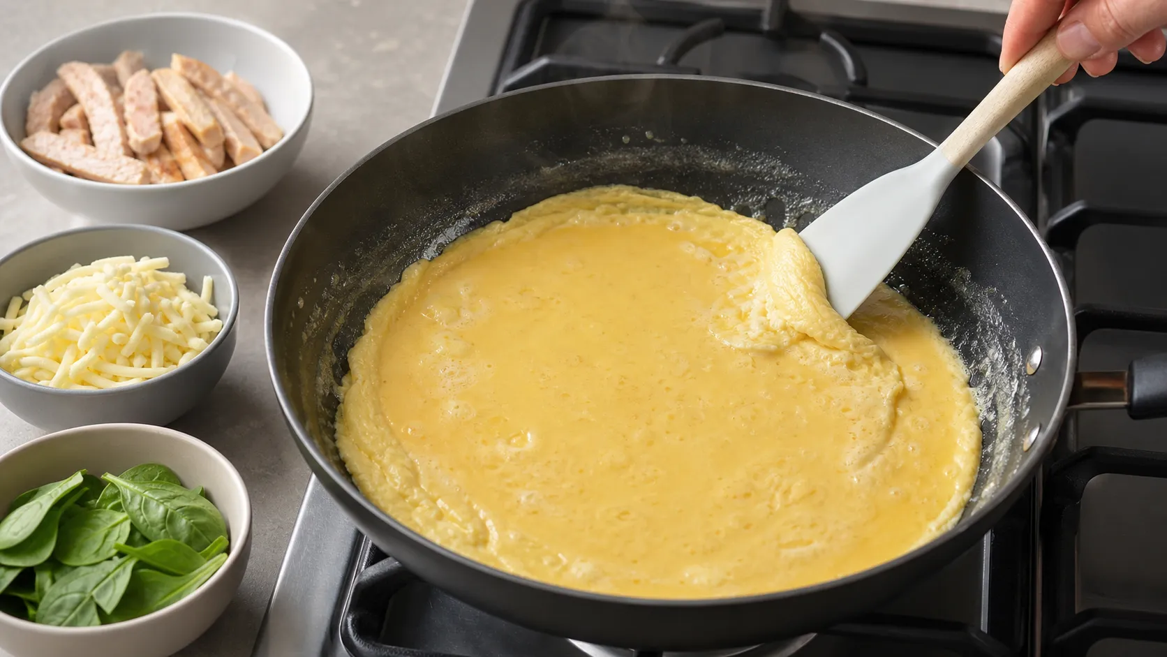 Ei-Sahne-Mischung gart in der Pfanne für Keto Puten-Mozzarella-Omelett