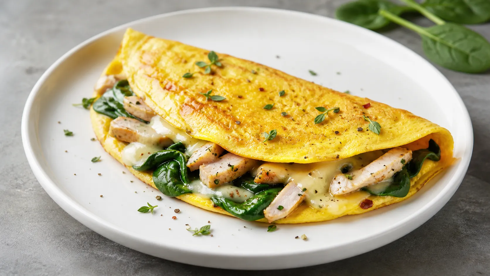 Keto Puten-Mozzarella-Omelett mit Babyspinat und geschmolzenem Käse auf weißem Teller