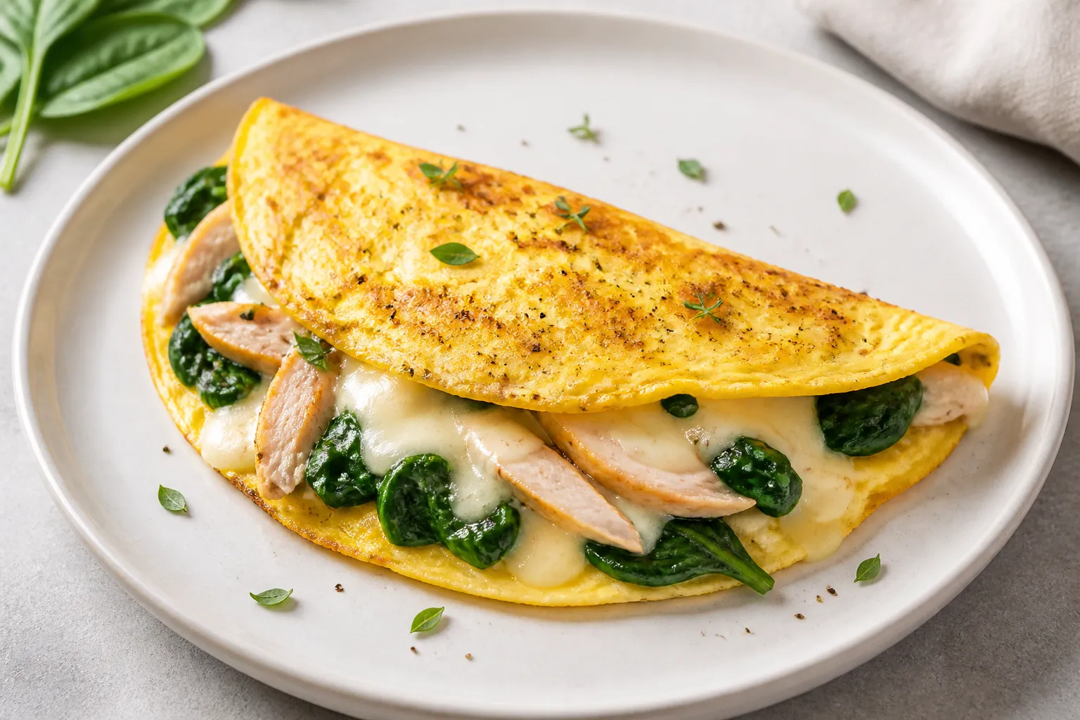 Keto Puten-Mozzarella-Omelett mit geschmolzenem Käse und Spinat auf einem weißen Teller