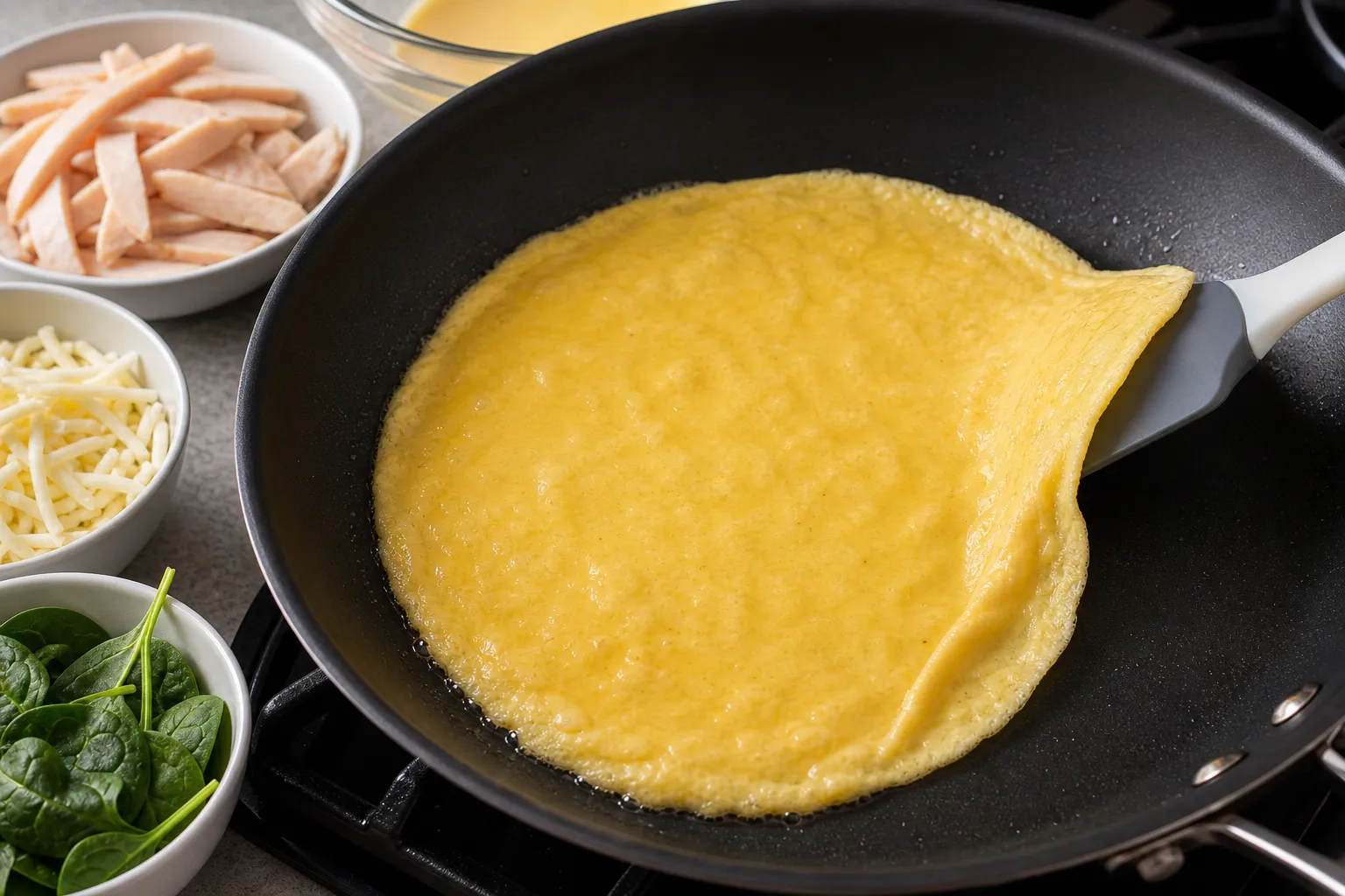 Ei-Sahne-Mischung in eine heiße Pfanne gießen für das Keto Puten-Omelett