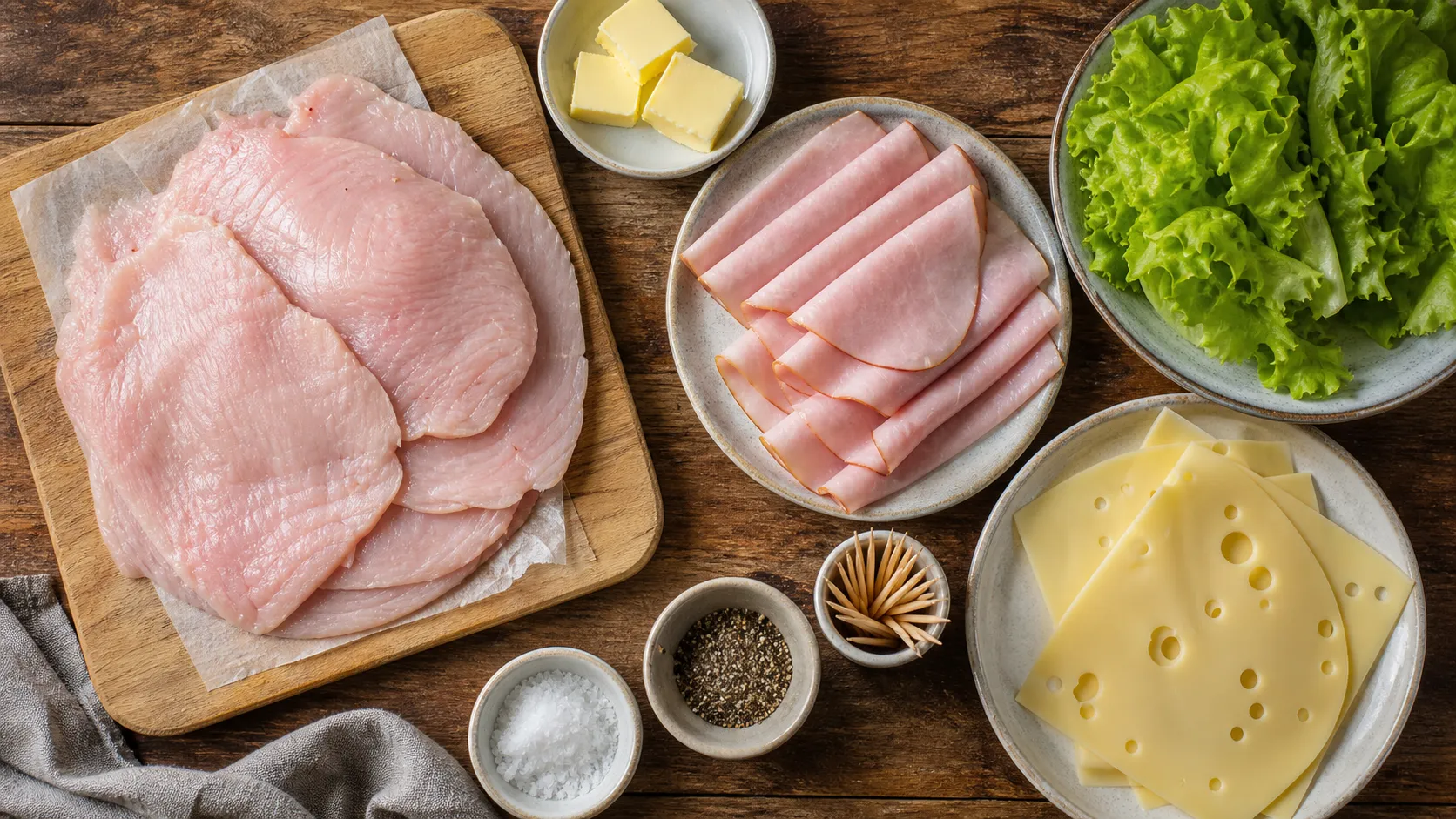 Zutaten für Keto-Puten-Cordon-Bleu: Putenschnitzel, Kochschinken, Emmentaler, Butter, Salat und Zahnstocher