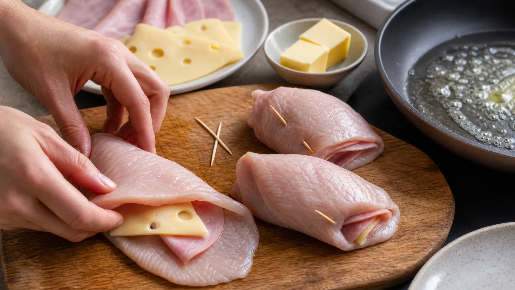 Putenschnitzel wird mit Kochschinken und Emmentaler belegt und zusammengeklappt für das Keto-Cordon-Bleu