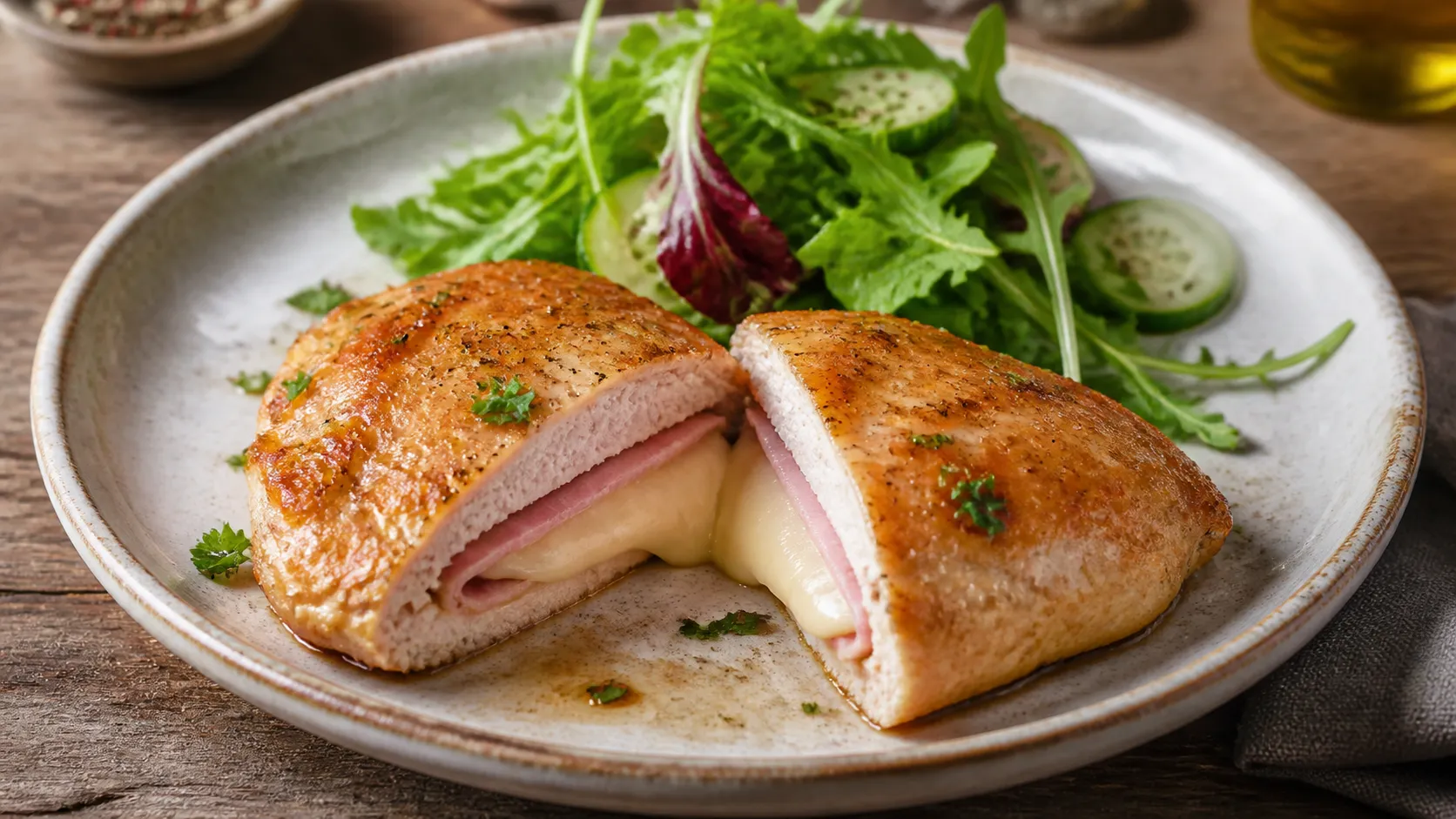 Keto-Puten-Cordon-Bleu ohne Panade, aufgeschnitten mit sichtbarem geschmolzenem Emmentaler und Kochschinken, dazu grüner Salat