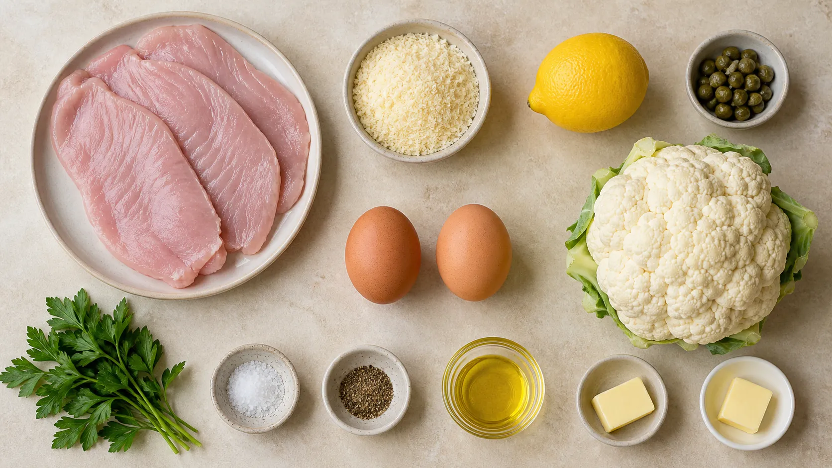 Zutaten für Keto-Puten-Piccata: dünne Putenschnitzel, Eier, geriebener Parmesan, Zitrone, Kapern, Butter und Blumenkohl