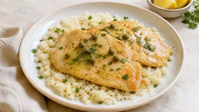 Zwei goldgelbe Puten-Piccata-Schnitzel mit Parmesanhülle auf Blumenkohlreis, übergossen mit Zitronen-Kapern-Butter und Petersilie