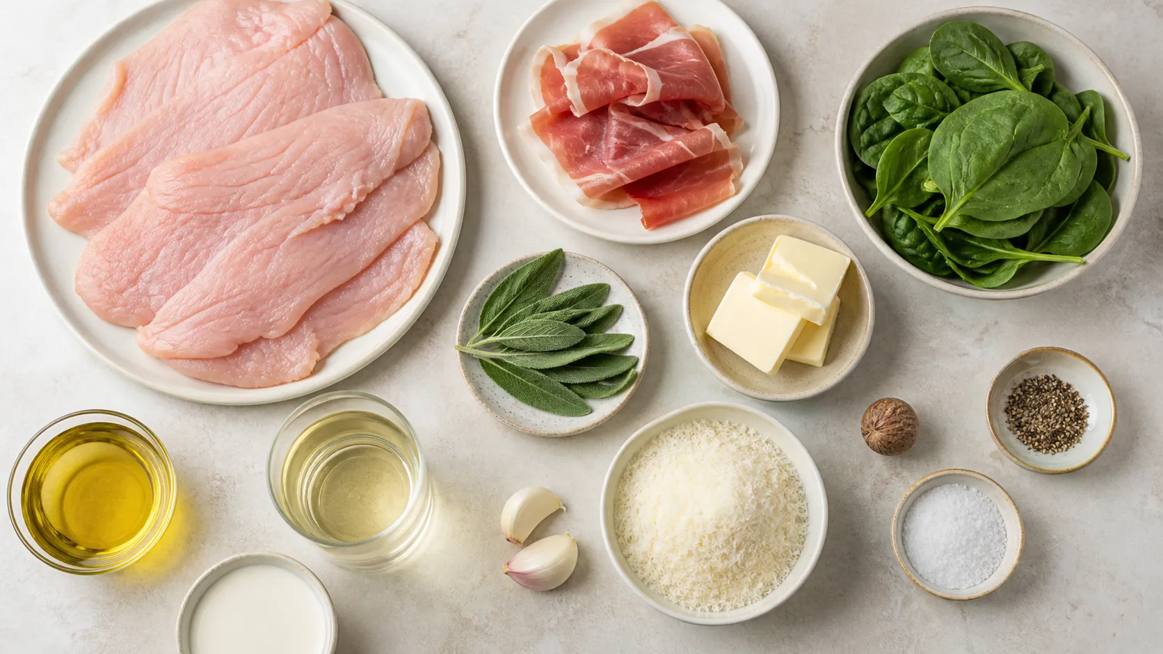 Zutaten für Keto Puten-Saltimbocca: Putenschnitzel, Parmaschinken, Salbeiblätter, Butter, Sahne, Blattspinat und Parmesan