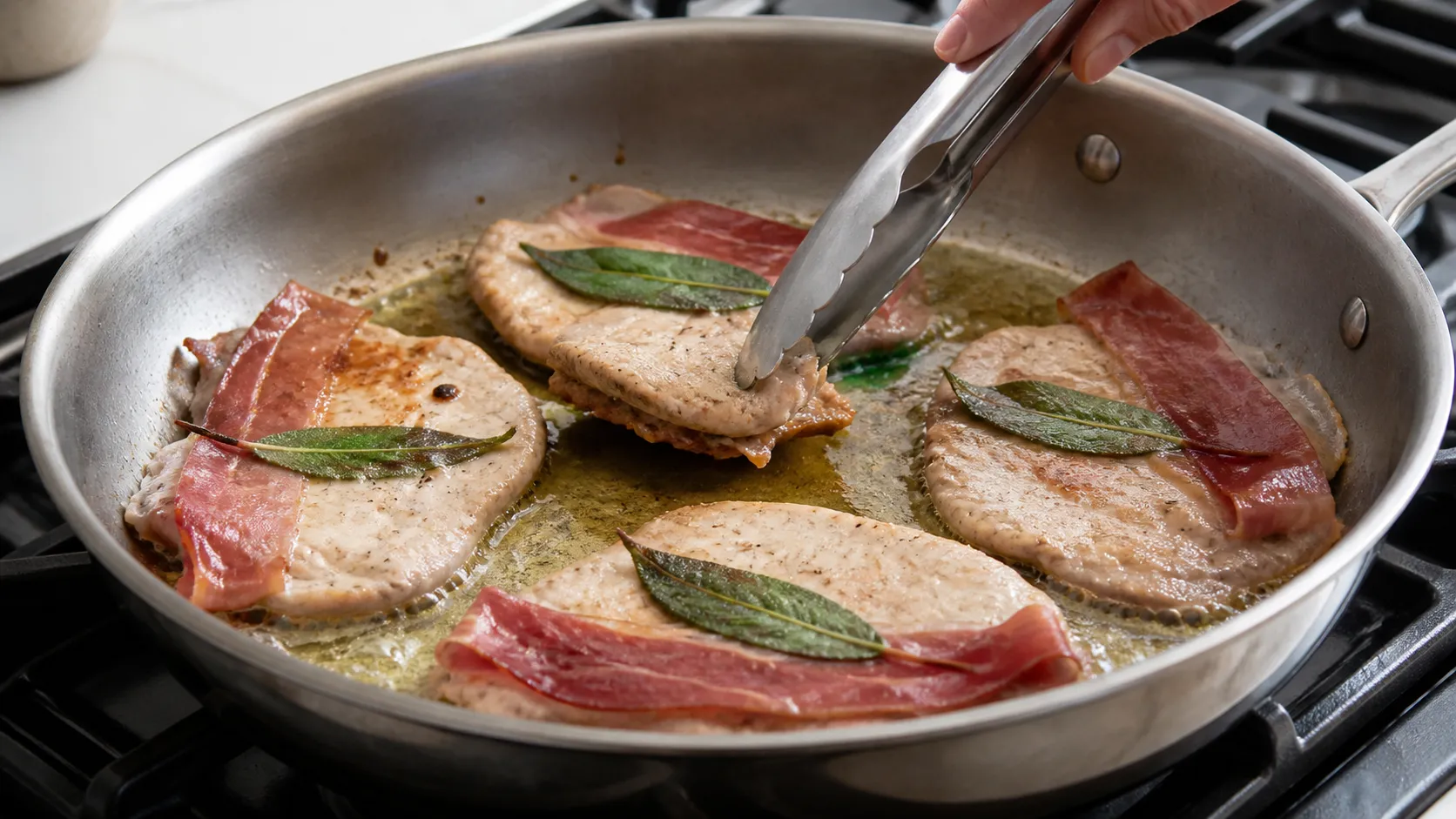 Putenschnitzel mit aufgelegtem Salbeiblatt und Parmaschinken braten mit der Schinkenseite nach unten in der Pfanne