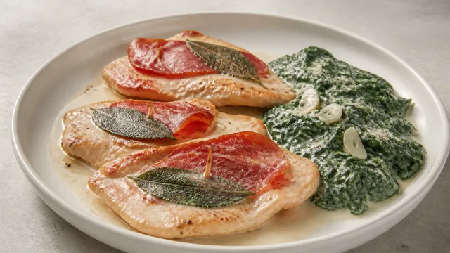 Teller mit Keto Puten-Saltimbocca in Salbeibutter neben cremigem Rahmspinat