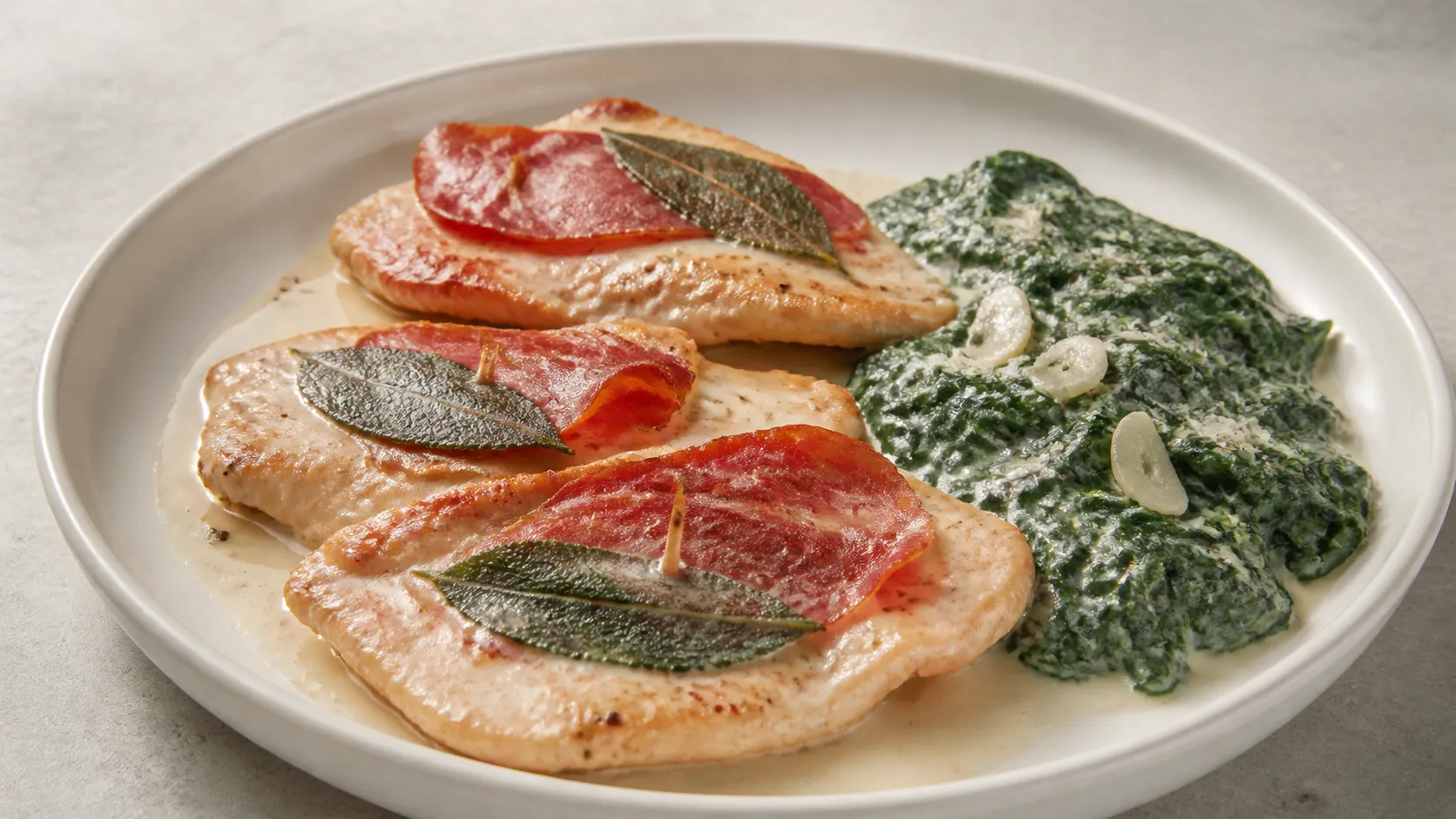 Teller mit Keto Puten-Saltimbocca in Salbeibutter neben cremigem Rahmspinat
