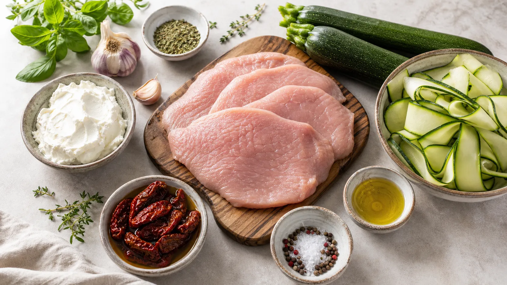 Zutaten für die Keto Puten-Zucchini-Röllchen: duenne Putenschnitzel, Frischkäse, sonnengetrocknete Tomaten, Zucchini, Olivenöl und Gewürze