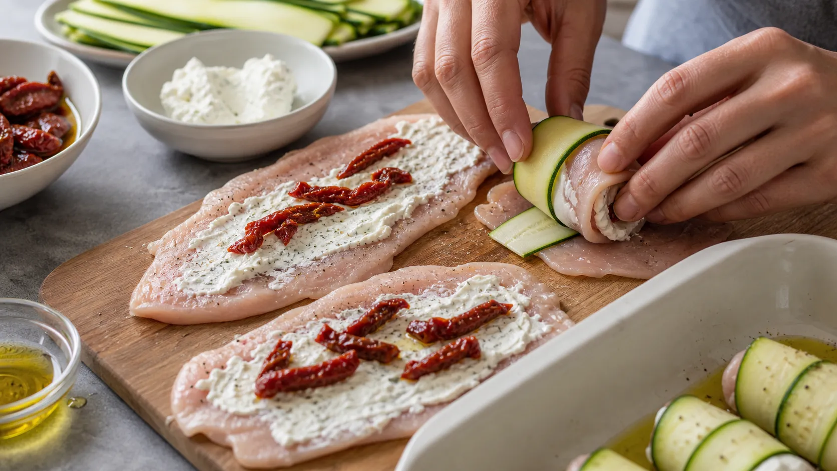 Putenschnitzel werden mit Frischkäse bestrichen und mit Zucchinischeiben umwickelt für die Keto-Röllchen
